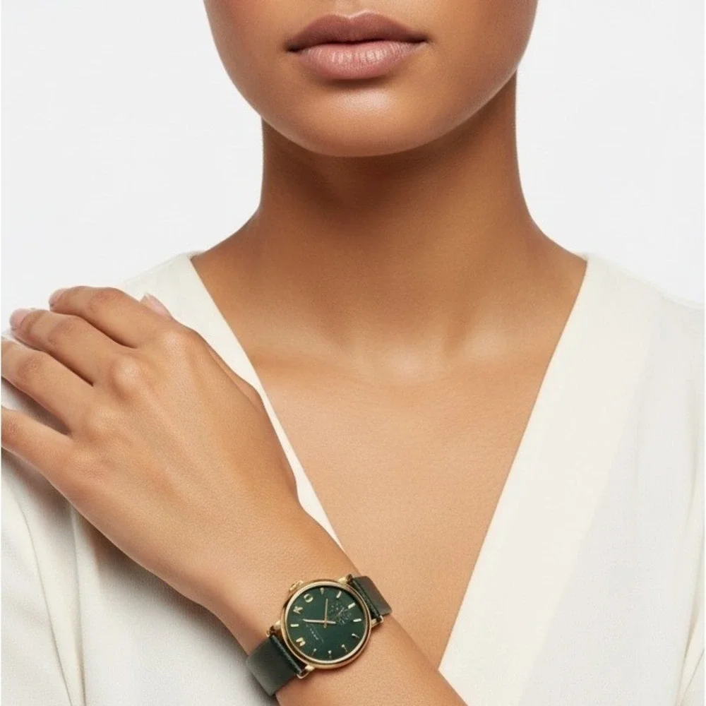 Marc by‎ Marc Jacobs Gold Tone Green Leather Band Watch Black Face
